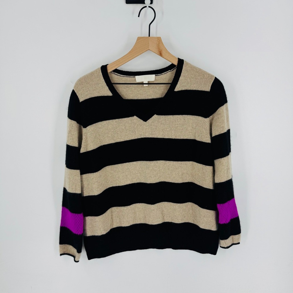 Lord & Taylor Cashmere Sweater L Black Tan Striped VNeck Purple Cuff Elbow Patch